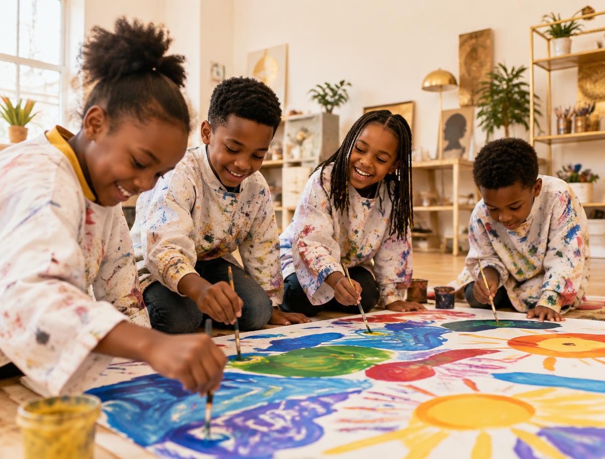Students painting a large colorful mural together on the floor of an art room