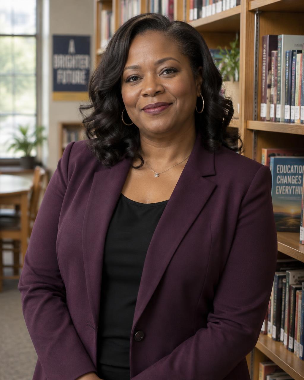 Portrait of Dr. Nia Carter, founder and head of school, standing in a school library