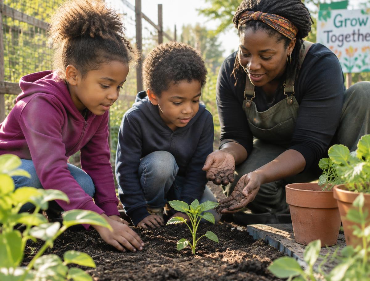 Two children examining soil and a seedling in a garden with a gardener guiding them