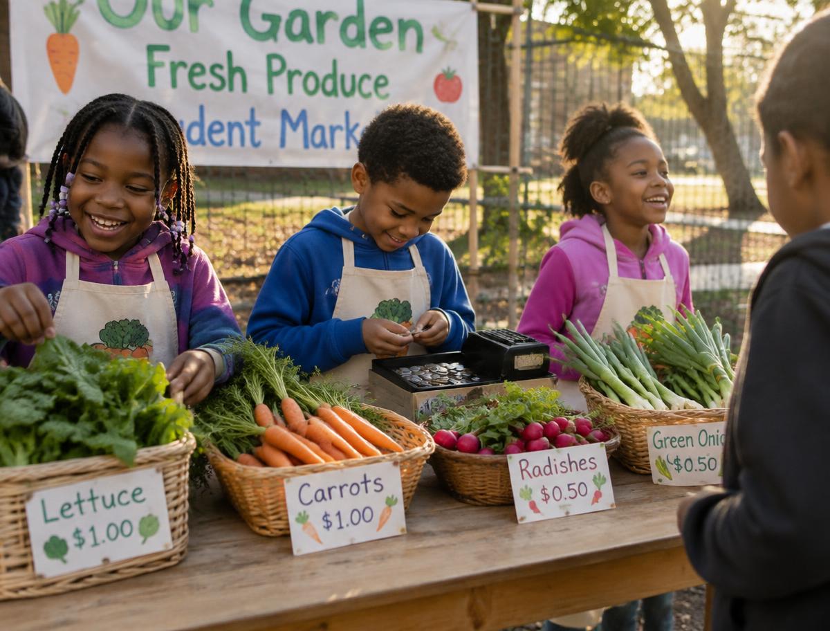 Elementary students counting coins and arranging produce at a student-run market stall