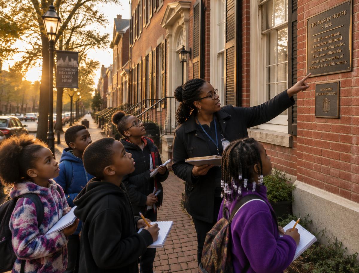 A teacher pointing out a historic plaque to elementary students taking notes on a neighborhood walk