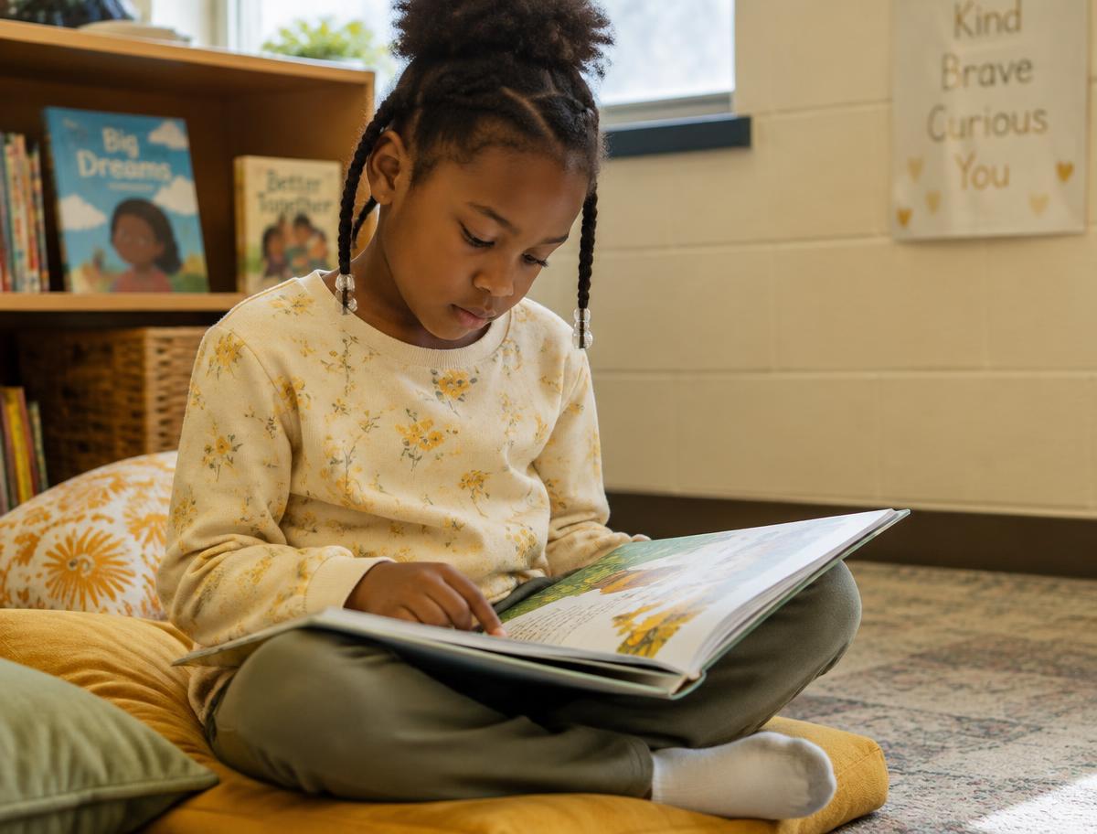 A young student absorbed in reading a picture book on classroom floor cushions